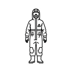 Line art drawing of a person wearing full protective hazmat suit.