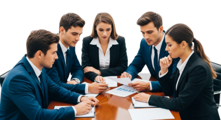 Business people in a meeting, looking at documents on a table, isolated on transparent background