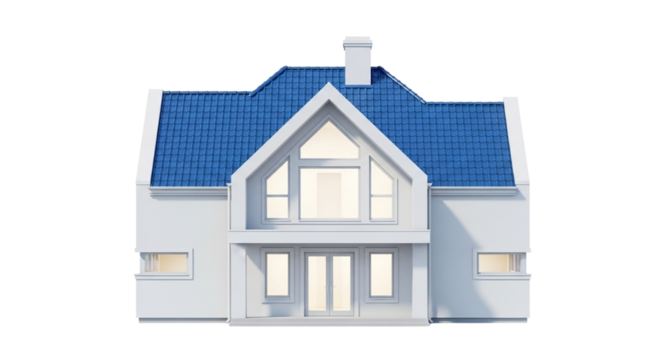 Modern white house with blue roof and large windows, isolated on transparent background