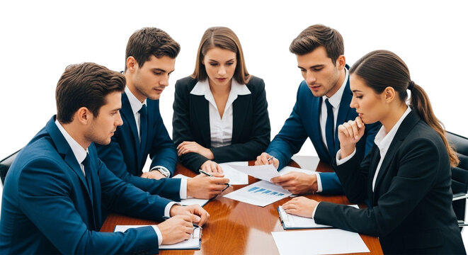 Business people in a meeting, looking at documents on a table, isolated on transparent background