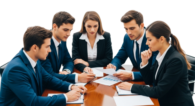 Business people in a meeting, looking at documents on a table, isolated on transparent background - Powered by Adobe