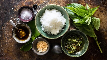 spice. Assortment of fresh Asian ingredients displayed on a rustic stone surface, captured from above. menu design, packaging mockups, designed for culinary blogs and recipe cards for restaurants.