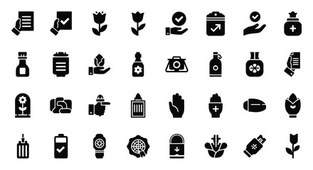 Collection of black silhouette icons representing gardening health and personal care