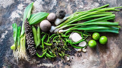 spice. Assortment of fresh Asian ingredients displayed on a rustic stone surface, captured from above. menu design, packaging mockups, designed for culinary blogs and recipe cards for restaurants.