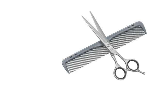 Professional hairdressing scissors crossed over a grey comb, isolated on transparent background