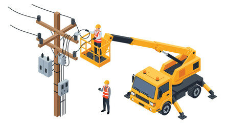 Electrical worker performing maintenance on a high voltage power pole with a bucket truck