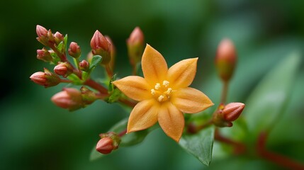 Fototapeta premium A delicate orange star flower blooms with tiny buds captured in ro detail