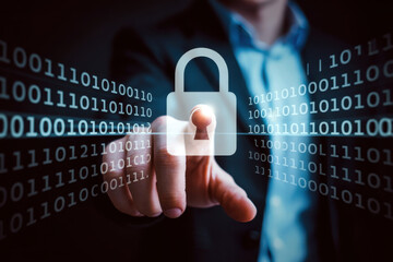 Data privacy protection with digital lock, securing information from cyber threats with hand touching padlock over binary code, promoting online safety