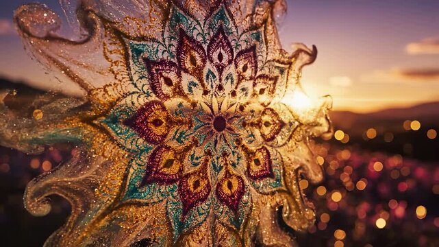 A colorful wind spinner captures sunlight as it spins gently, creating vibrant reflections in the evening air. The wind spinner's intricate design adds charm to the serene landscap