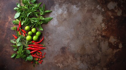spice. Assortment of fresh Asian ingredients displayed on a rustic stone surface, captured from above. menu design, packaging mockups, designed for culinary blogs and recipe cards for restaurants.