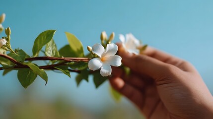 Naklejka premium A gentle hand reaches out to touch a delicate white flower blooming on a green vine set against a clear blue sky