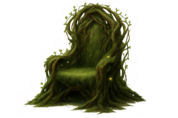 Fantasy forest queen throne with roots, moss, vines, and glowing lights. Enchanting woodland king chair