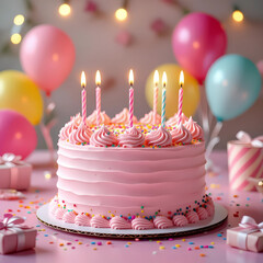 Cheerful Pink Birthday Cake with Candles and Festive Decorations