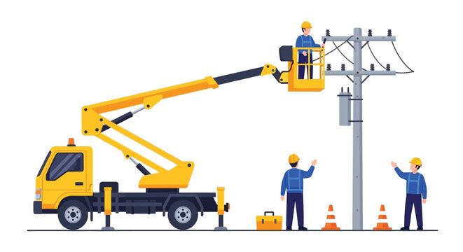 Electrical linemen working on high voltage power lines with a bucket truck