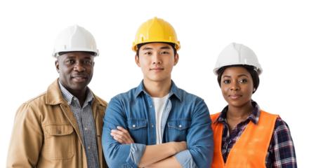 Three construction workers, diverse team, isolated on transparent background