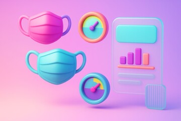 Obraz premium Colorful medical masks, data charts, and gauges in abstract 3D style on a soft light pink and purple background symbolizing health and social data. Ai generative