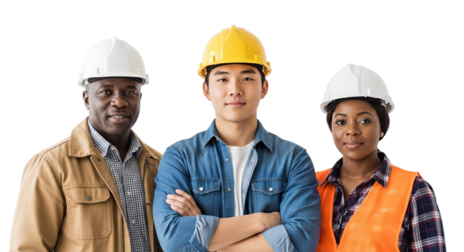Three construction workers, diverse team, isolated on transparent background