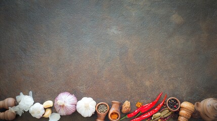 spice. Assortment of fresh Asian ingredients displayed on a rustic stone surface, captured from above. menu design, packaging mockups, designed for culinary blogs and recipe cards for restaurants.