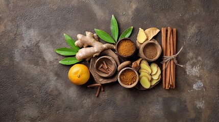 spice. Assortment of fresh Asian ingredients displayed on a rustic stone surface, captured from above. menu design, packaging mockups, designed for culinary blogs and recipe cards for restaurants.