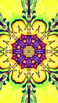 Tiny mandala-style designs expanding outward with shifting trippy colours for psychedelic VJ loops and abstract motion visuals