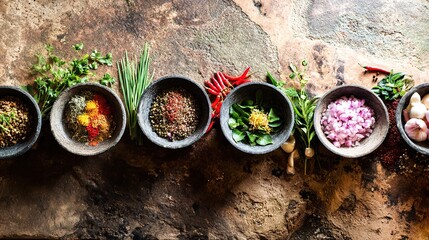 spice. Assortment of fresh Asian ingredients displayed on a rustic stone surface, captured from above. menu design, packaging mockups, designed for culinary blogs and recipe cards for restaurants.