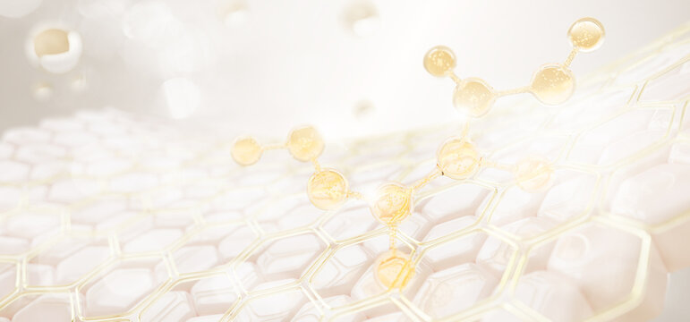 3d skin layer with hexagon cell pattern and molecule with gold particles. Liquid yellow honeycomb texture, castor oil serum, collagen gel, honey shampoo. Cosmetic bg with bokeh effect. 3D illustration