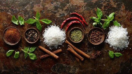 spice. Assortment of fresh Asian ingredients displayed on a rustic stone surface, captured from above. menu design, packaging mockups, designed for culinary blogs and recipe cards for restaurants.