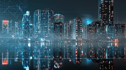 Vibrant city skyline at night reflecting on water with futuristic lighting and digital elements - Powered by Adobe