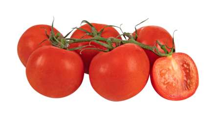 Tomatoes are bright red, smooth-skinned, and have a stem attached to the stem in clusters cut out isolated transparent background