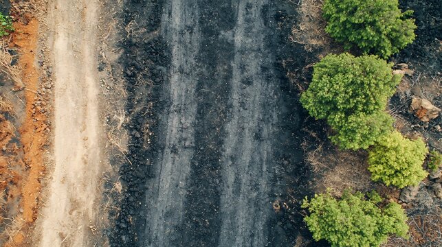 Drone view showing cleared vegetation area used as firebreak buffer zone. 