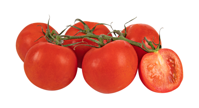 Tomatoes are bright red, smooth-skinned, and have a stem attached to the stem in clusters cut out isolated transparent background