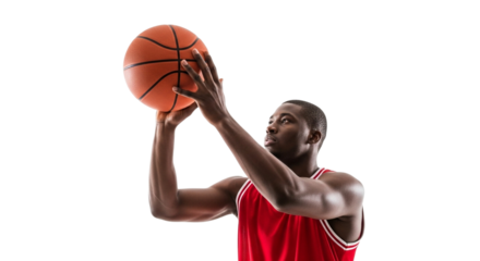 African american man in a red basketball jersey preparing to shoot a basketball, isolated on transparent background