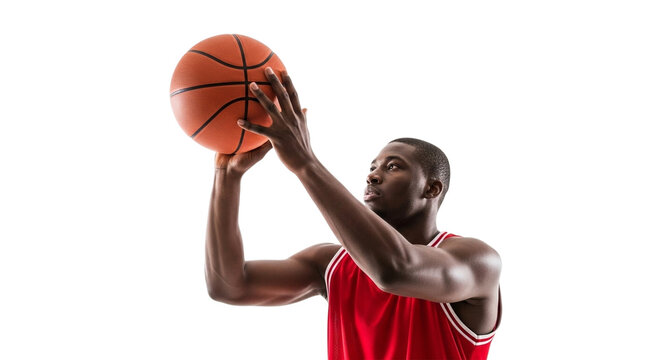 African american man in a red basketball jersey preparing to shoot a basketball, isolated on transparent background