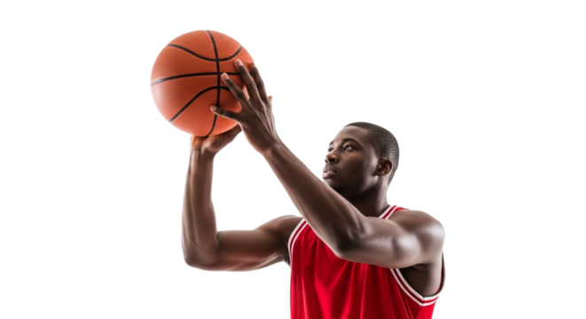 African american man in a red basketball jersey preparing to shoot a basketball, isolated on transparent background