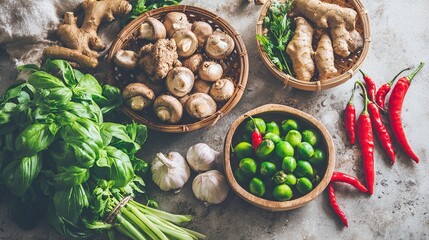 spice. Assortment of fresh Asian ingredients displayed on a rustic stone surface, captured from above. menu design, packaging mockups, designed for culinary blogs and recipe cards for restaurants.