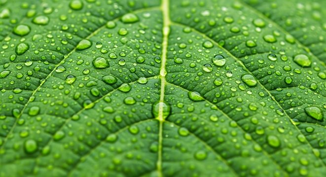Close-up of a fresh green leaf sparkling with numerous water droplets, showcasing the intricate veins and the refreshing essence of nature's purity after a gentle rain shower - Powered by Adobe