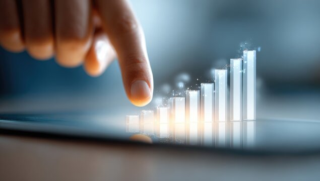 Hand points to rising bar graph on tablet