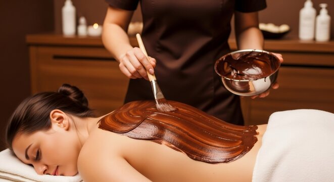 Young woman receiving chocolate body wrap at spa salon. Aesthetic treatment for rejuvenation and relaxation. Wellness and beauty therapy concept.