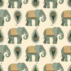 Traditional seamless Paisley, elephant, palm pattern. Indian Kashmir ornament. Vector