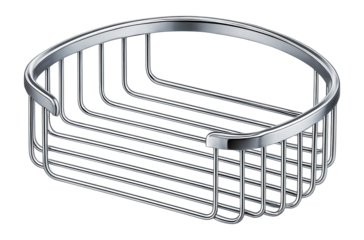 Curved wire shelf for organizing shampoo bottles in the shower.