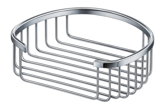 Curved wire shelf for organizing shampoo bottles in the shower.