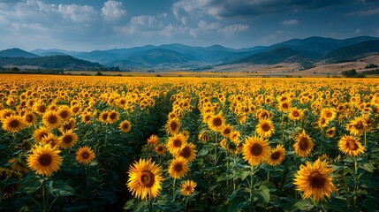 Obraz premium Stunning panoramic shot of a vast sunflower field in full bloom under a hazy sky, bathed in the warm, golden light of a late afternoon summer sun.