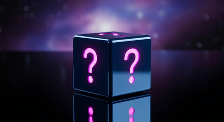 Dark cube with pink question mark on each visible side, reflecting on the surface. The concept represents uncertainty, curiosity and mystery