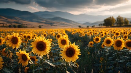 Obraz premium Stunning panoramic shot of a vast sunflower field in full bloom under a hazy sky, bathed in the warm, golden light of a late afternoon summer sun.