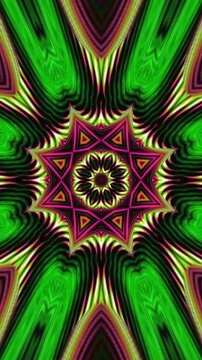 Star-shaped psychedelic patterns using vibrant trippy colours, smoothly zooming out with glowing kaleidoscopic effects for VJ loops and music visuals