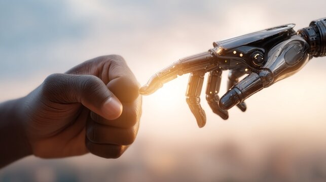 A human hand extends toward a robotic hand, fingers almost touching as the sun sets in the background, symbolizing harmony and collaboration between humanity and technology
