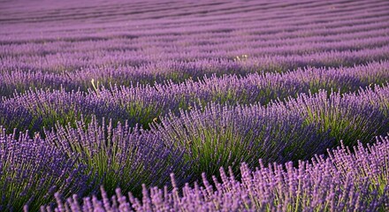 Fototapeta premium Expansive field of vibrant purple lavender flowers stretching towards the horizon under a soft, natural light