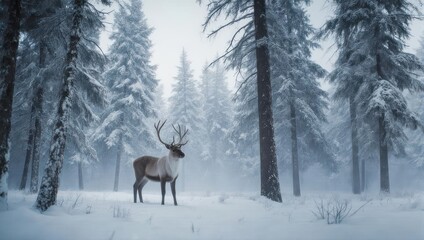 Majestic Reindeer Standing in a Snowy Winter Forest.