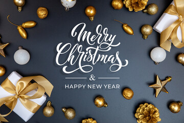 Merry Christmas and Happy New Year greeting card, frame, and banner. Holidays design. Noel and Feliz Navidad. Christmas gifts and decorations, top view. Flat lay.