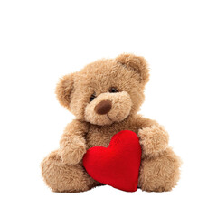 Obraz premium cute teddy bear holding red heart plush, isolated on white background